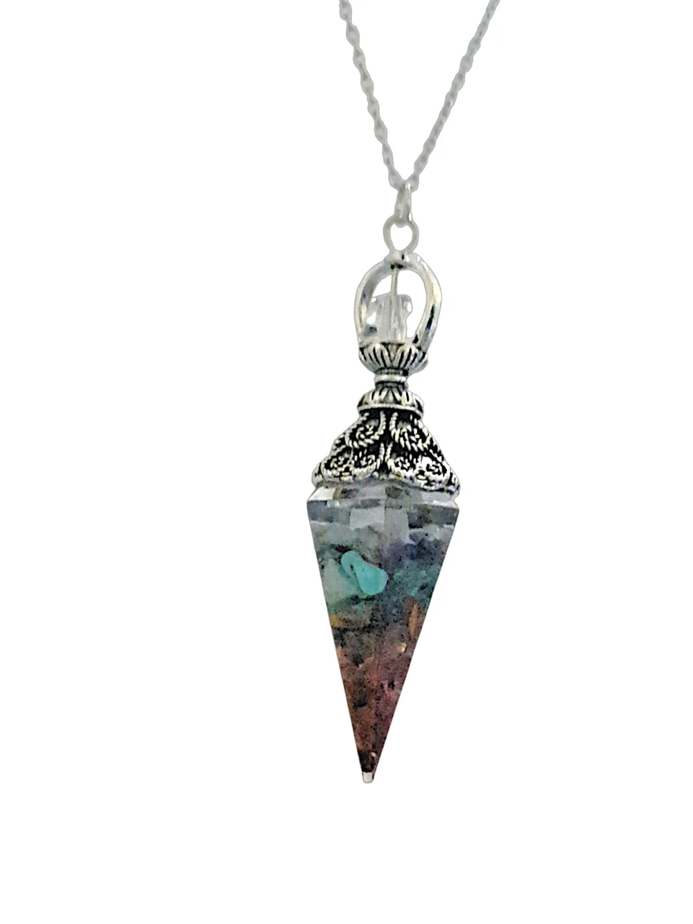 Multicolor Crystal Point Pendant w/ Iridescent Blue-Green & Stainless Steel Chai